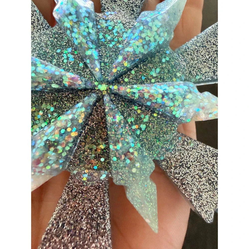 Blue Glitter Resin Snowflake‎ Ornament Silver Holographic Winter Holiday Decor
